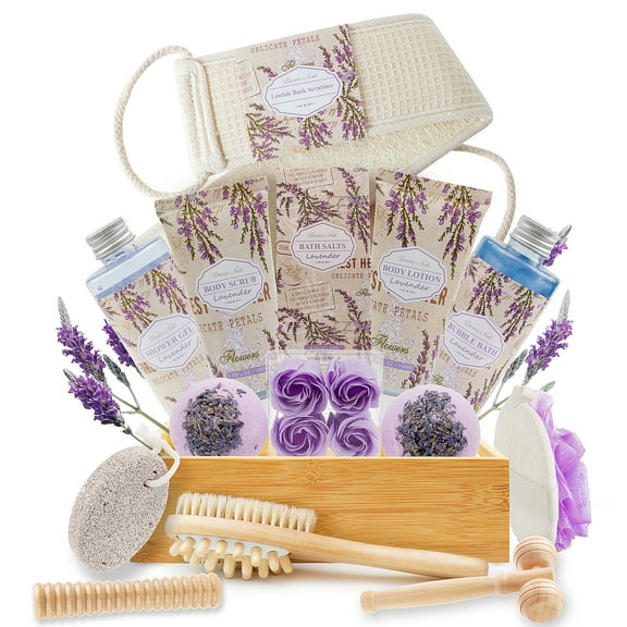 Luxury Mothers Day Gifts Baskets in Lavender Essential - Christmas Birthday Mothers Day Gifts for Women -18pc Bath Body At Home Spa Relaxing Self Care - Bubble Bath Bomb Lotion Massager Roller Loofah