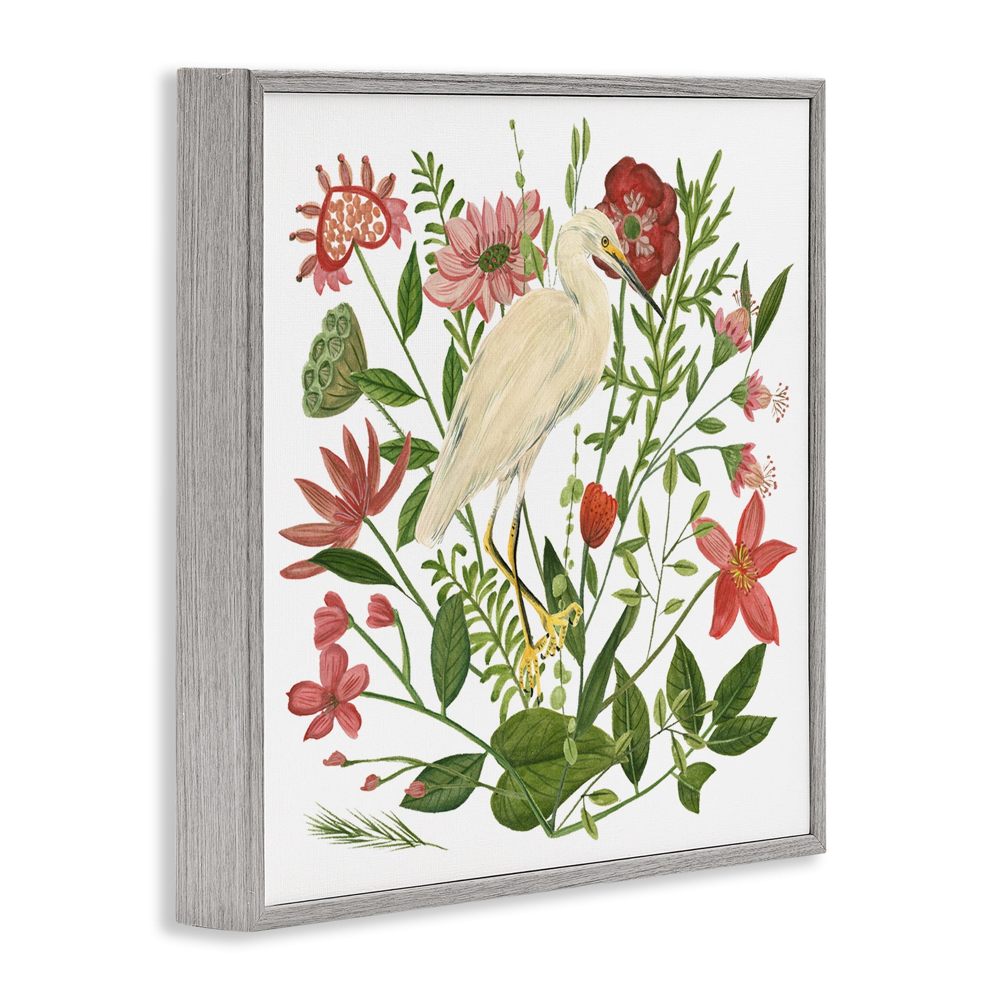 Stupell Industries Nautical Flowers & Egret Landscape Painting Gray Framed Art Print Wall Art, 17 x 17