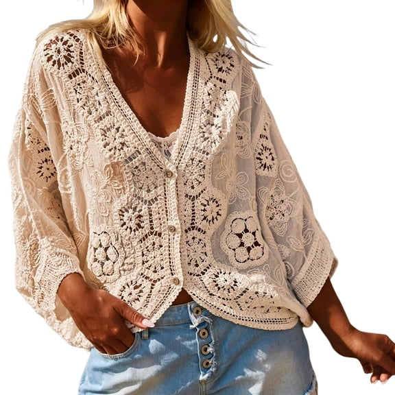 kaondbfi Cardigans for Delicate Women Crochet Long Sleeve Shirt Mesh Knit Tops Lightweight Summer Clothing Womens Summer Fall Fashion Bolero Shrug Tops