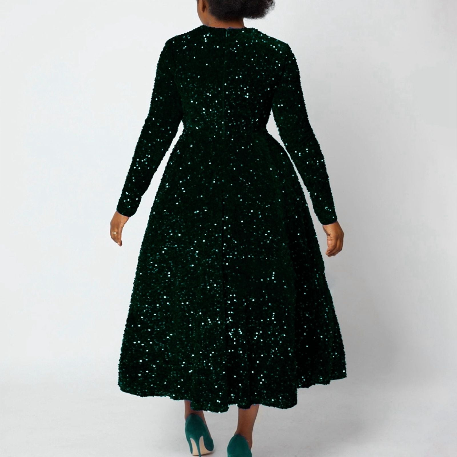 Women'S Sequin Plus Size Long Sleeve A-Line Flared Party Cocktail Sparkle Glitter Evening Shiny Maxi Dress Green XXL