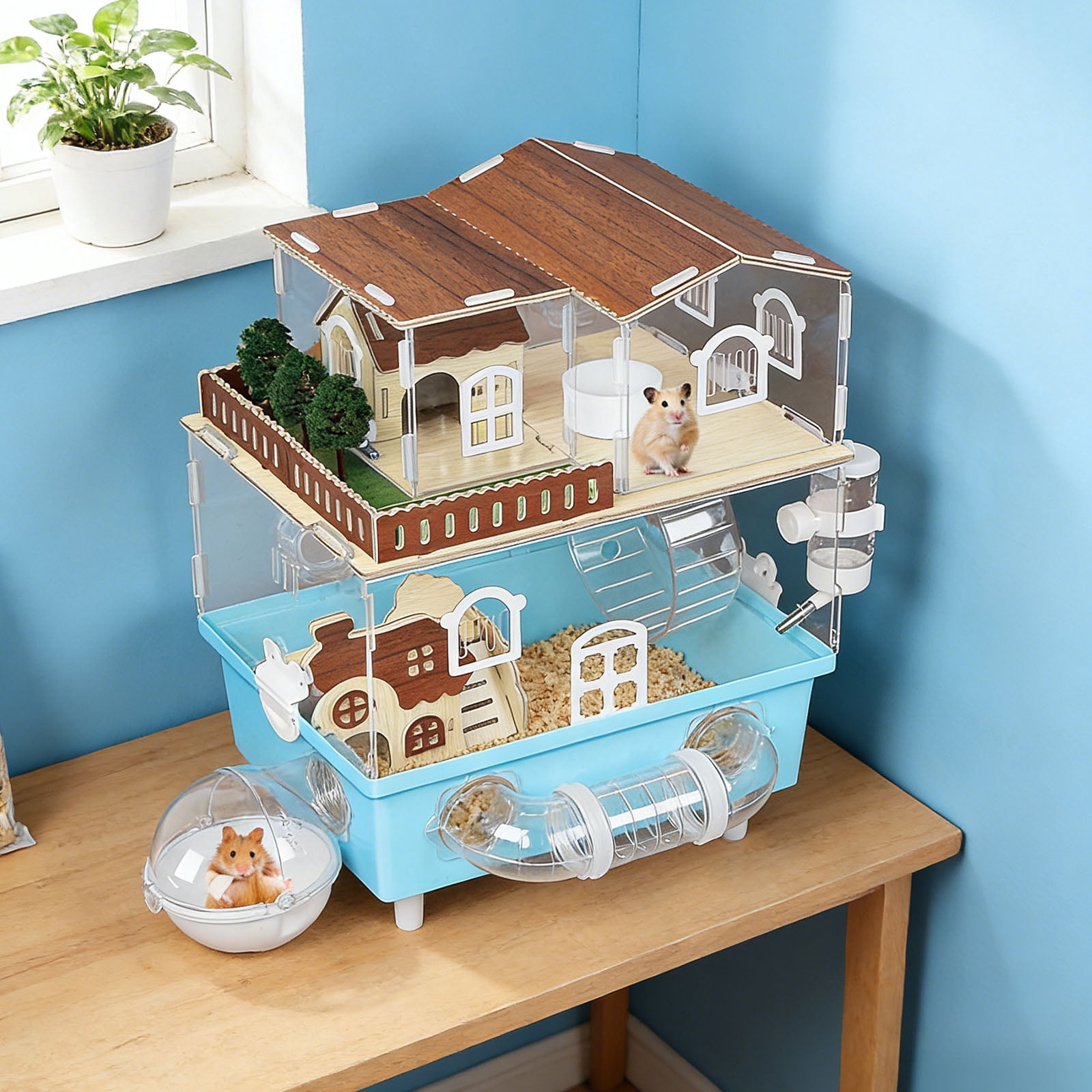 2-Tier Acrylic Hamster Cage Starter Kit, Small Animal Habitat with Hidden Houses, Tunnels, Silent Wheel, Water Bottle & Bath Area, 360° Transparent, Easy Clean
