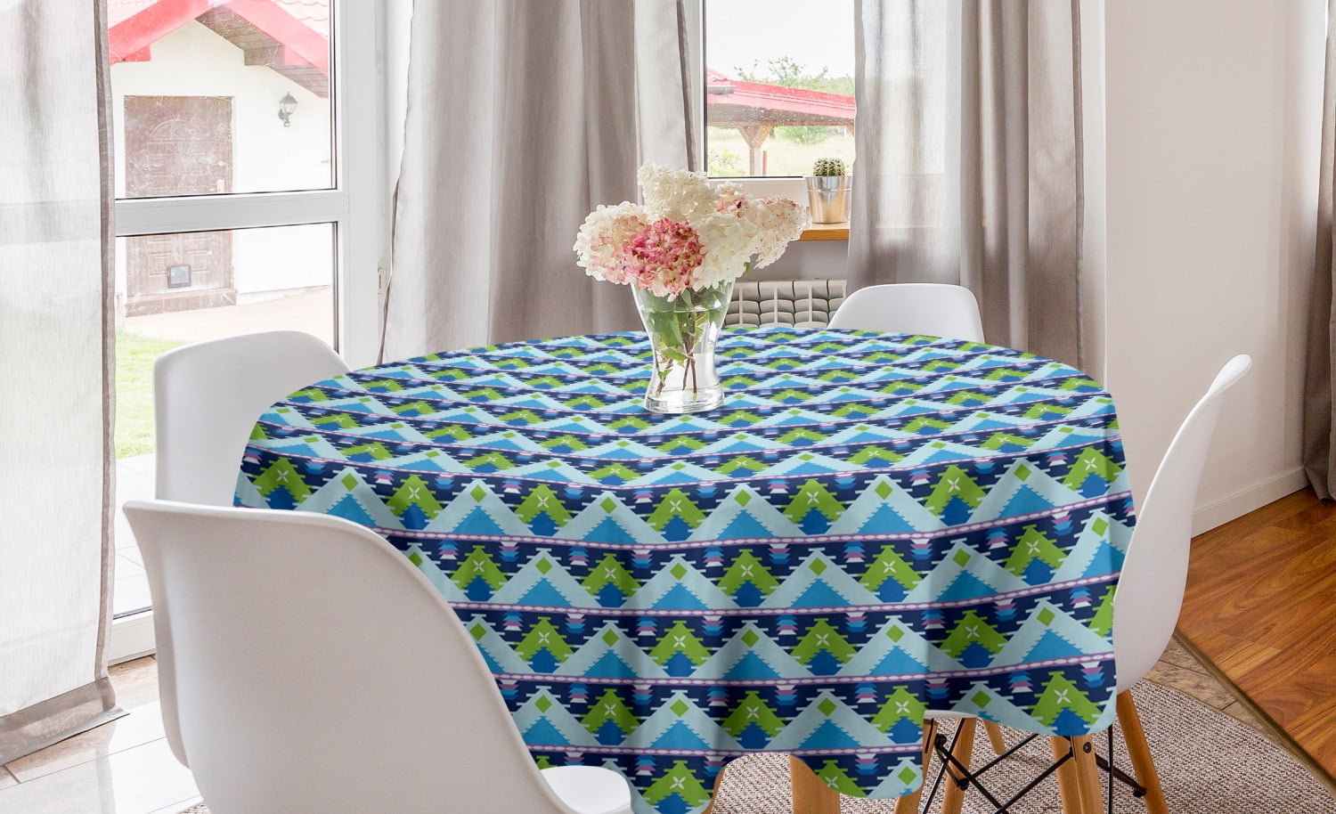 Geometric Round Tablecloth, African Ethnic Motifs Squares and