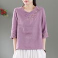 thumbnail image 3 of fatyb Plus Size Linen Shirts Embroidery Short Sleeve Button up Vintage Tops Casual Boho Blouses for Women, 3 of 5