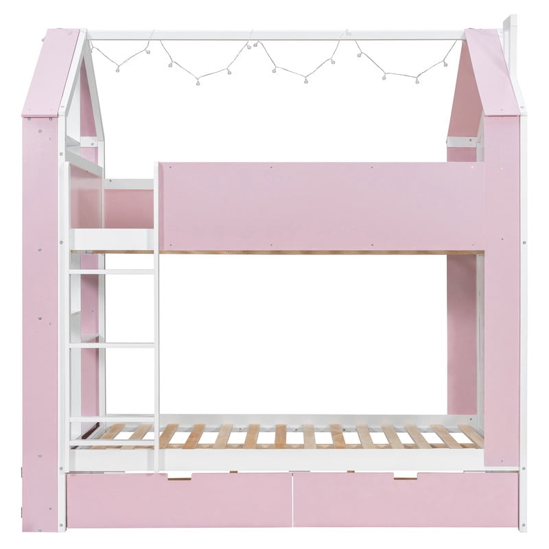 Full Over Full Bunk Bed with Storage Drawers and Shelves, Modern Two-Tone Wood Bunk Bed with LED Light Strip, Safety Guardrails and Ladder, Space-Saving Bed Frame for Kids, Teens