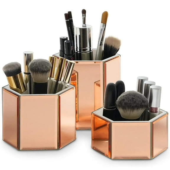 OnDisplay Tressa Set of 3 Hexagon Mirrored Trays for Makeup/Cosmetics, Brushes, Office, Jewelry and Accessories (Rose Gold)