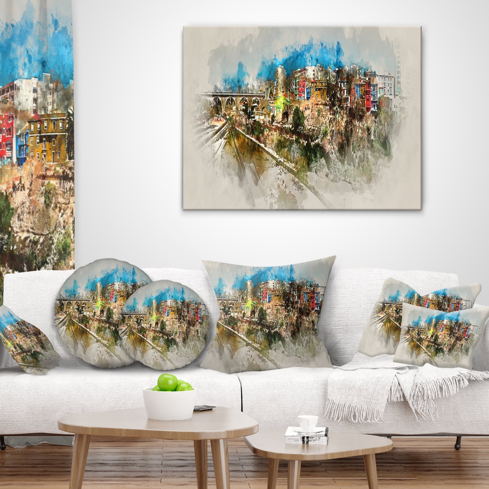 Designart Villajoyosa Town Watercolor - Cityscape Throw Pillow - 16x16
