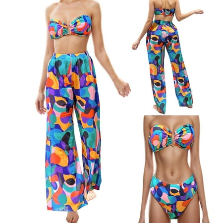 VBTAPA Bathing Suit for Women Colorful Print 3 Piece Bikini Sets Cute Keyhole Cutout Bandeau Top with Thong and Pants Beach Swimsuits Big Sales Today Multicolor S