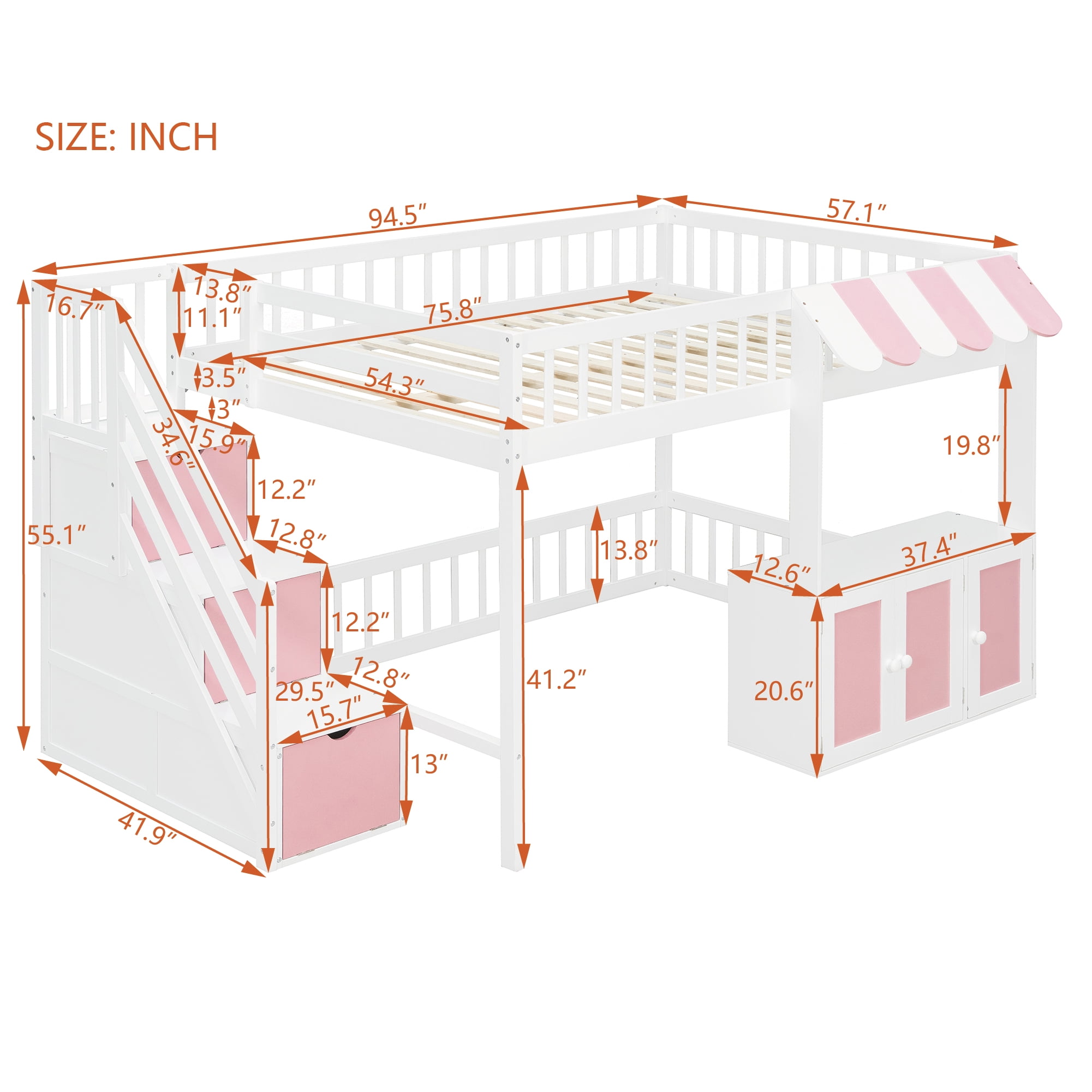 Mintazer Full Size Loft Bed with Play Storefront & LED Lights, Kids Loft Bed with Guardrail and Storage Staircase & Cabinet for Bedroom, White & Pink