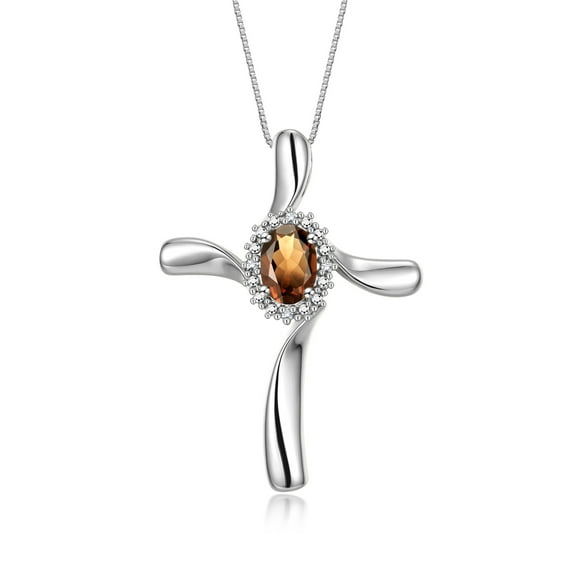 RYLOS Necklace White Gold 14K Cross Necklace Gemstone & Diamonds Pendant With 18" Chain 7X5MM Smoky Quartz June Birthstone Womens Jewelry Gold Necklace