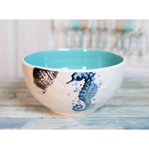 Nautical Blue White Seahorse Ceramic Large 95oz Pasta Salad Soup Serving Bowl
