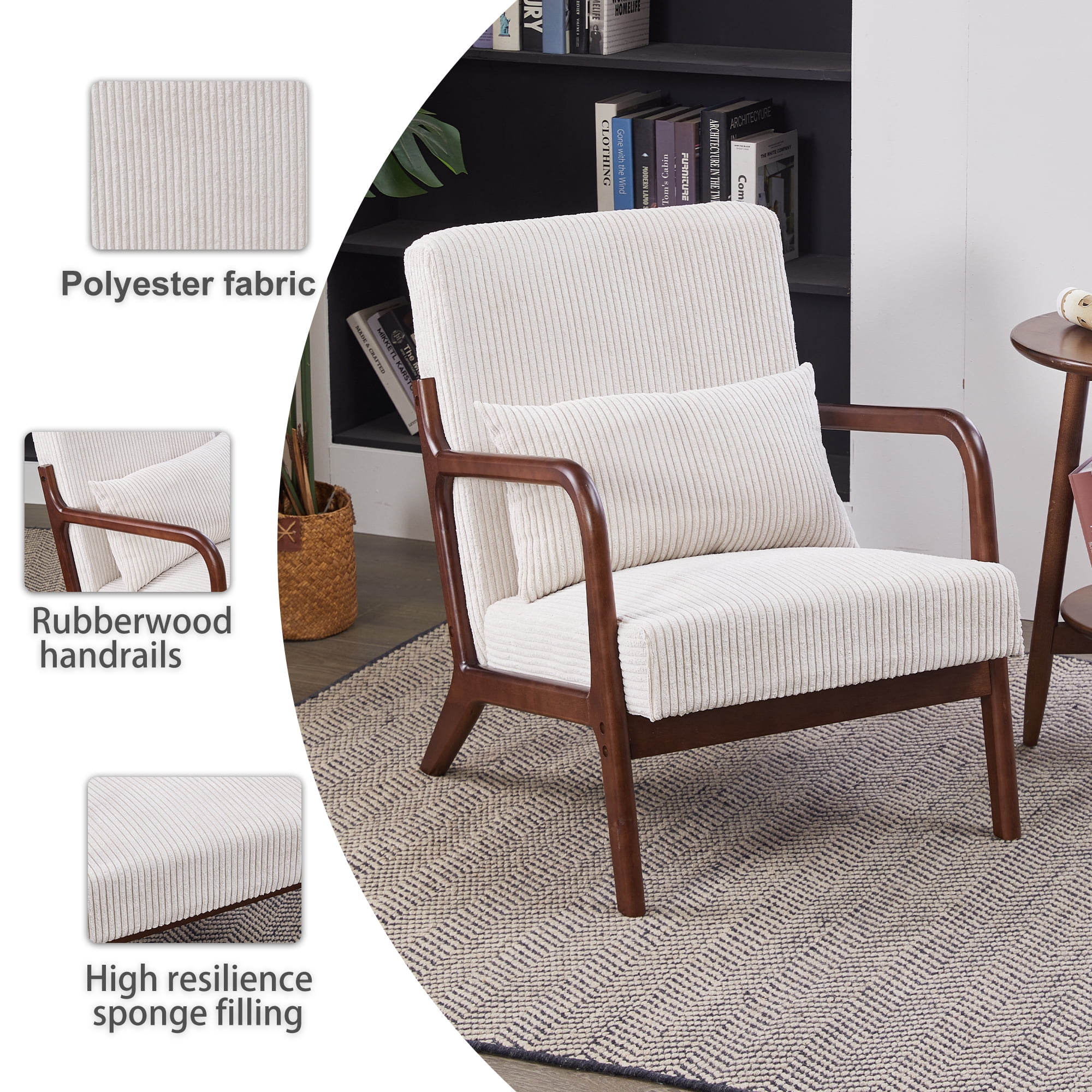 Leumius Modern Arm Chair Upholstered Reading Accent Chair with Pillow & Solid Wood Frame for Living Room Bedroom,Beige