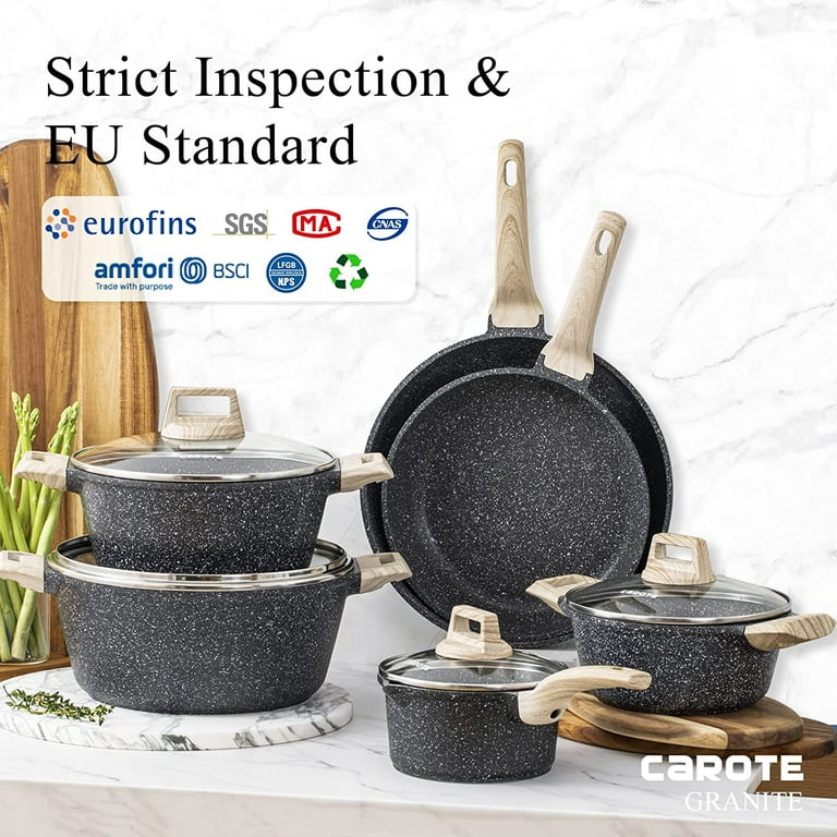Carote Nonstick Granite Cookware Sets, 10 Pcs Brown Granite Pots and Pans  Set, Induction Stone Kitchen Cooking Set 