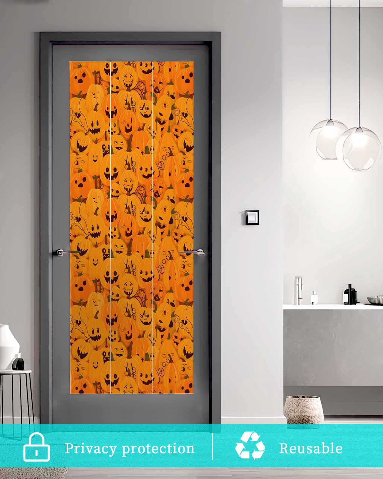Window Privacy Film Orange Halloween Stained Glass Window Film Decorative Sun Block Window Cover Horror Pumpkins Evil Bat Window Clings Static Adhesive Sticker for Bathroom 23.6"x59"