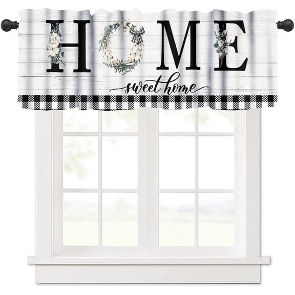 Vintag Farmhouse Kitchen Valance Curtain, Rurtic Wooden Board Black White Buffalo Plaid Sweet Home Window Treatment Valances for Home Bedroom Living Room Café Décor 54x18inch