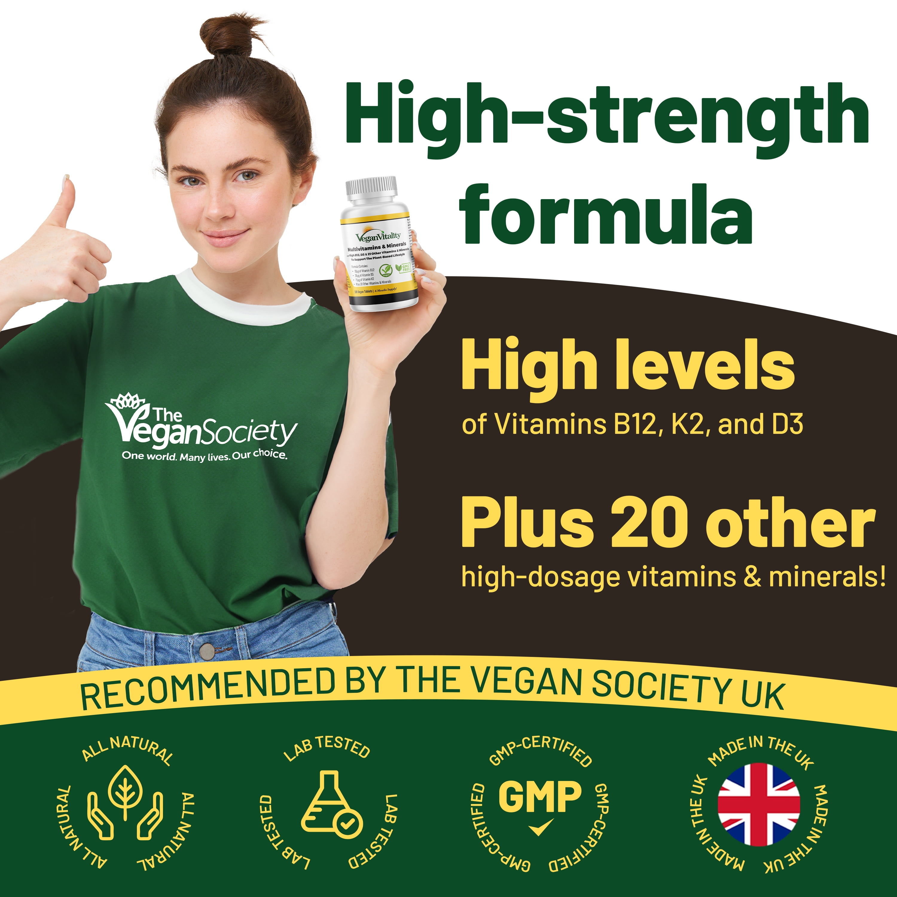 Vegan Multivitamins & Minerals for Women and Men with High Strength Vitamin B12, D3 & K2. 6 Months Supply
