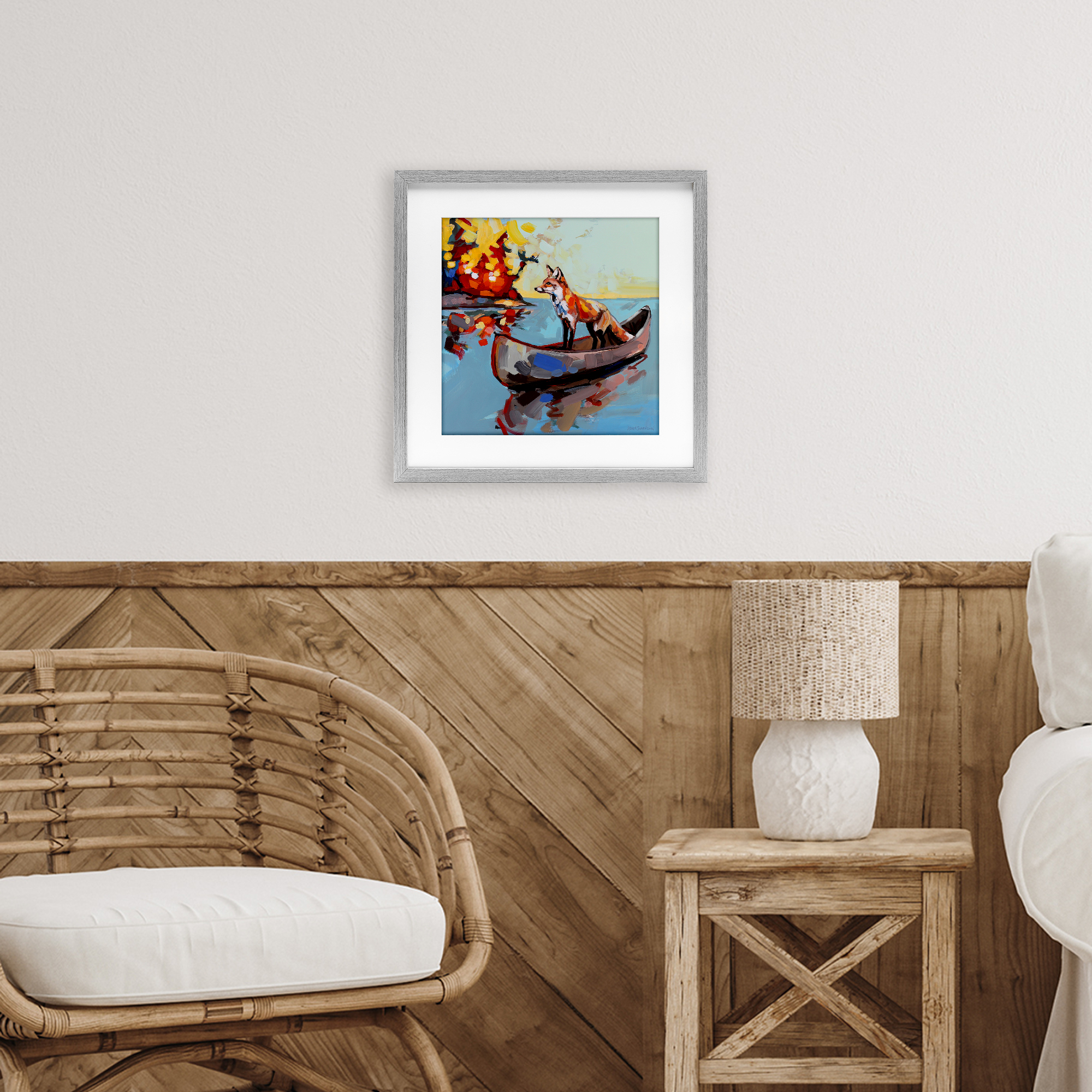 Fox's Voyage on Canoe Gray Framed Print Under Glass, design by Adam Swanson