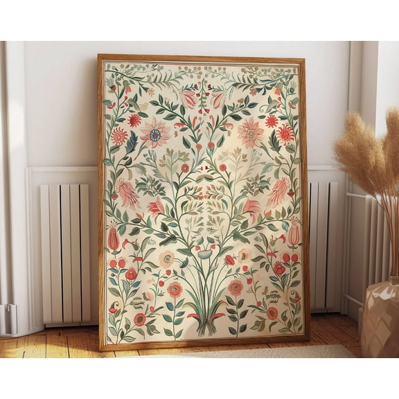 Indian Floral Art Poster - Traditional Botanicals In Vibrant Colors Illustration Wall Art, Modern Wall Decor, 8x12 UNFRAMED