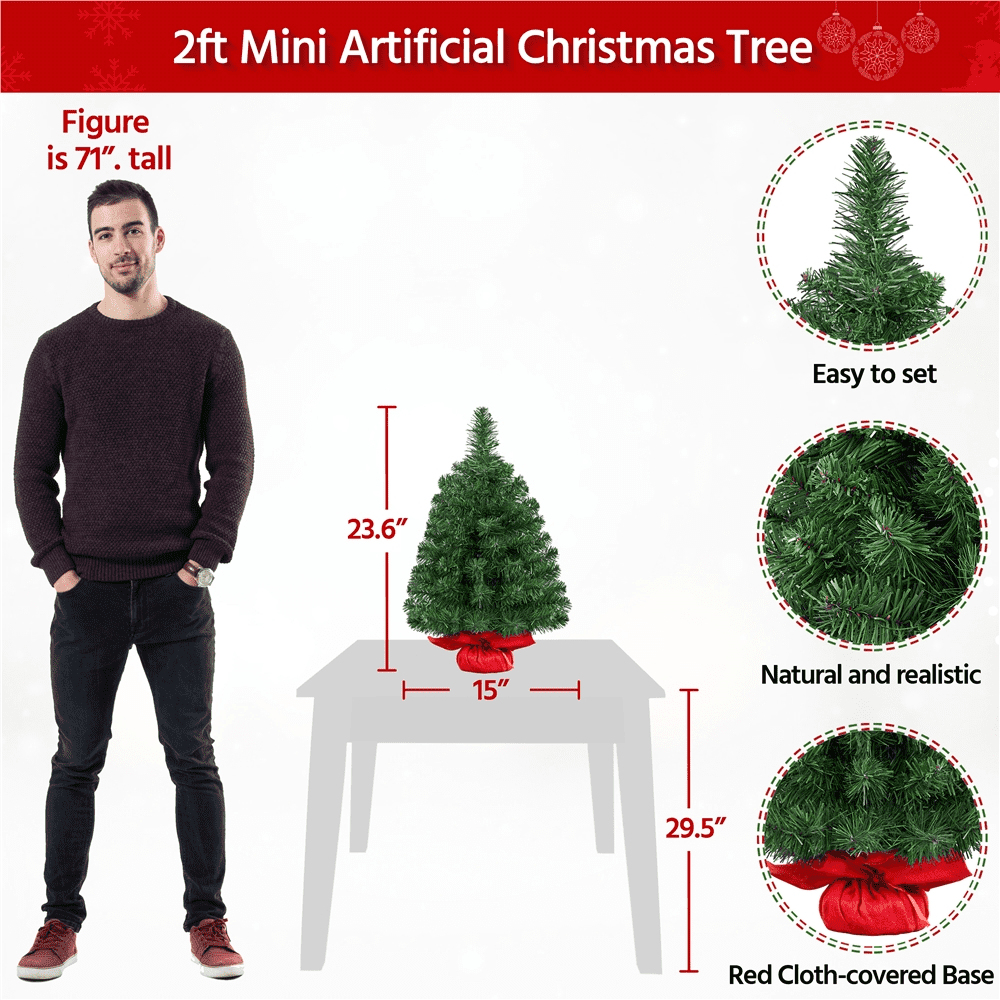 Alden Design 2Ft Tabletop Mini Artificial Christmas Tree with Concrete Base, Green