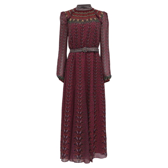 Pre-Owned Saloni Jacqui B Belted Chiffon Dress in Burgundy Silk