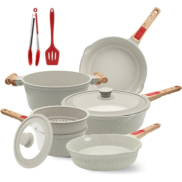 AIKENBBKK 10 Pcs Pots and Pans Set Nonstick, Cast Aluminum Kitchen Cookware Set with Lid/Frying Pans & Saucepans with Detachable Handle, Oven& Dishwasher Safe (White)
