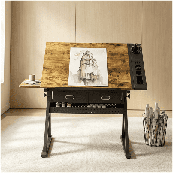 Adjustable Height Computer Desk with Storage Drawers, Tiltable Workstation for Home Office and Study