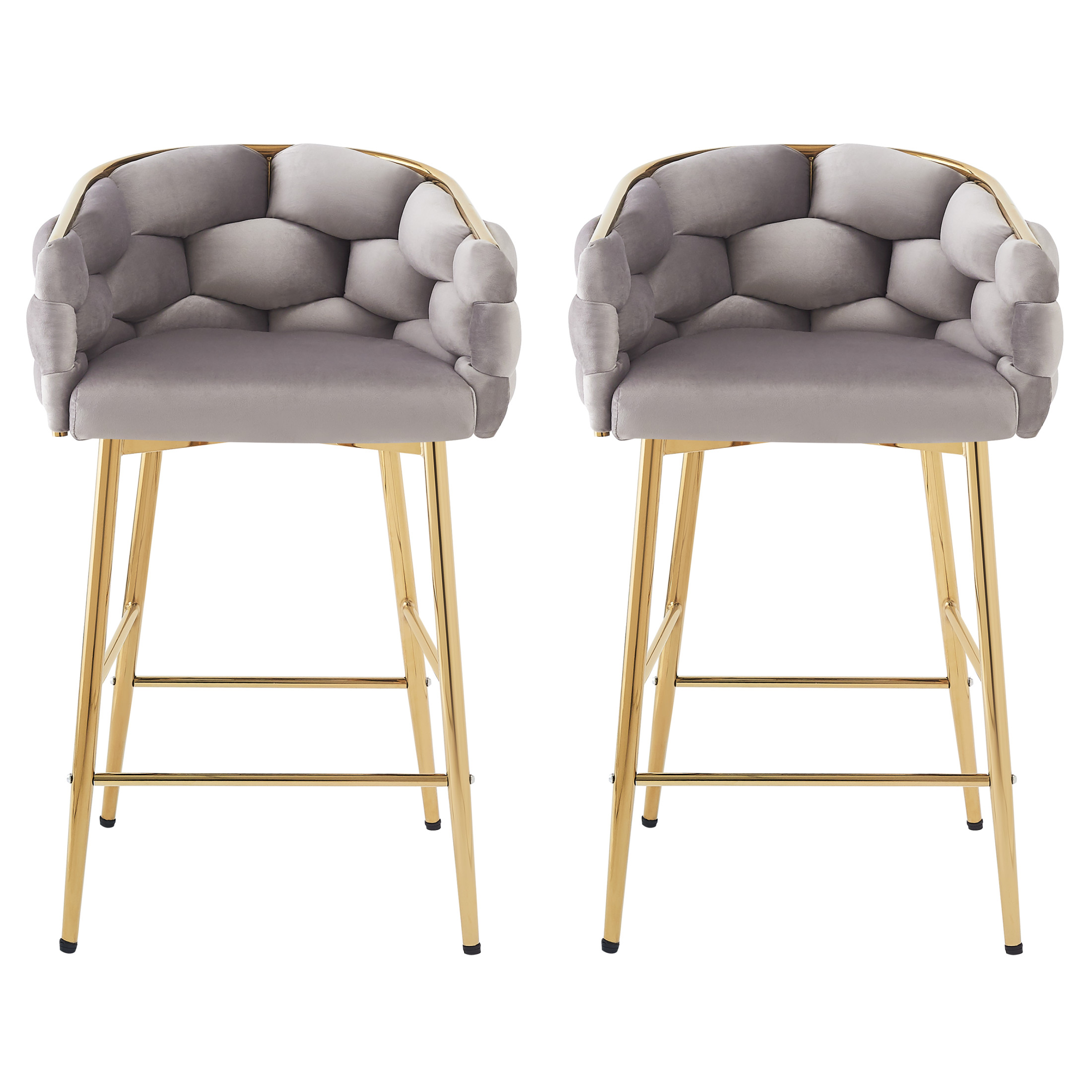 Nivora 28" Seat Height Modern Upholstered Flannelette Counter Stools, Metal Frame, Grey + Gold, Set of 2