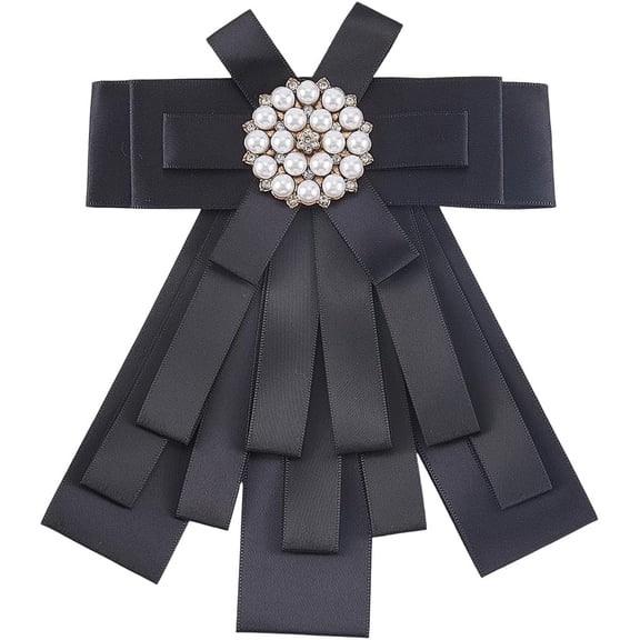 Black Pre Tied Tie with Pin Delicate Fabric Brooch Beaded Rhinestone Pearl Silk Satin Ribbon Bowknot Neck Collar Ties for DIY Women Ladies for DIYmal Prom Banquet Suit Skirt Unifor DIYm Decoration