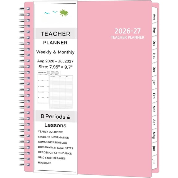 Teacher Planner 2026-2027, AUG. 2026 - JUL. 2027, Lesson Planner 2026-2027 Academic Year, with Tabs, Thick Paper, 2-Sided Pocket, 8'' x 10'' Daily Weekly and Monthly Calendar with 8 Periods