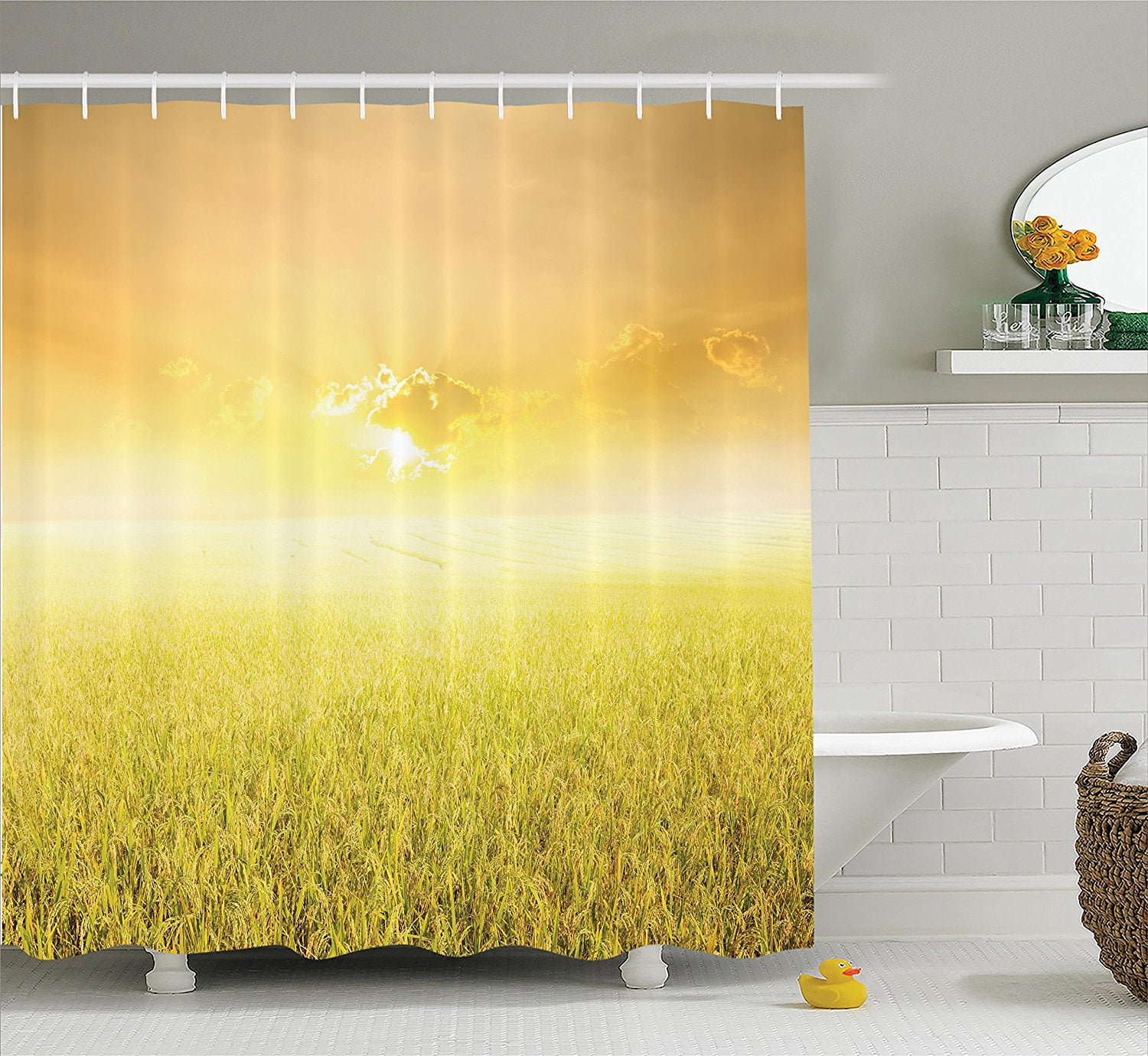 Yellow Decor Shower Curtain Set By , Rice Field Farm And Sunset