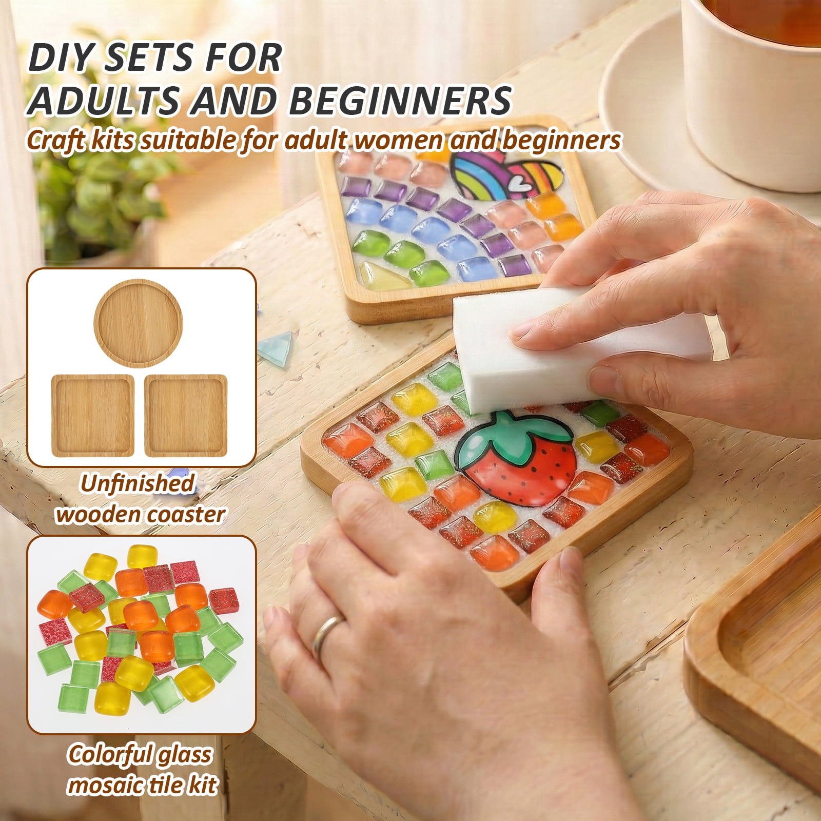 3 Pcs DIY Mosaic Kit for Adult Glass Tile for Craft with Bamboo Cup Pad for Women Mixed Color Mosaic Art Craft Cup Mat Project Handmade Making Kit Set for Home Decor Present