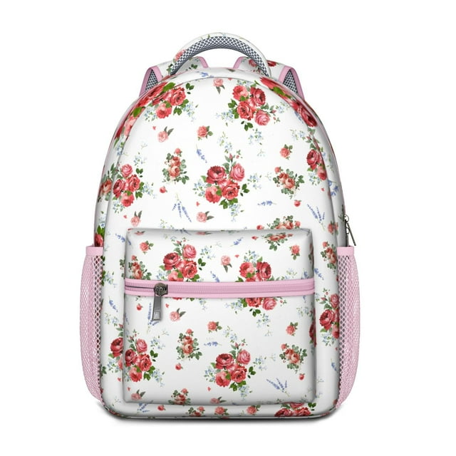 Romantic Rose and Peony Pattern Bookbag - Lightweight School Backpack with Padded Straps