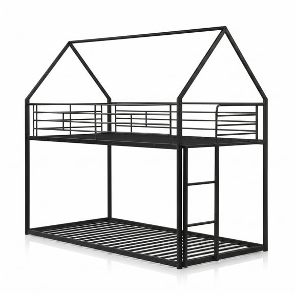 Furnibear Twin Over Twin Metal House Bunk Bed with Roof Ladder and Full-length Guardrails for Kids and Shared Rooms, Black