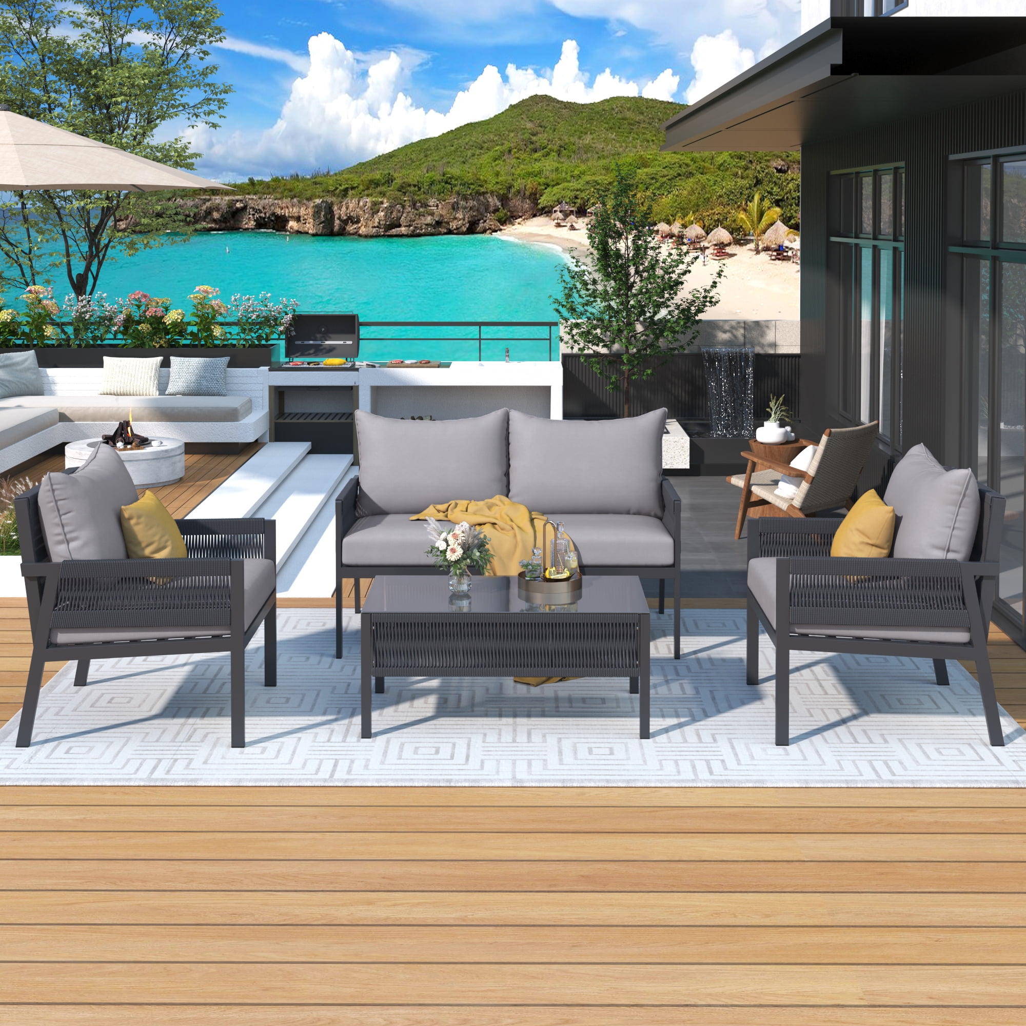 DEALTOPS 4-Piece Rope Patio Furniture Set, Outdoor Furniture with Tempered Glass Table, Patio Conversation Set Deep Seating with Thick Cushion for Backyard Porch Balcony-Grey
