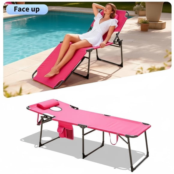 Chaise de Bronzage Pliante à 5 Positions avec Ouverture pour le Visage – Chaise Longue de Patio Inclinable et Réglable avec Oreiller et Poche Latérale – Chaise d'Extérieur Portable et Légère pour Jardin, Plage, au Bord de la Piscine – Rouge