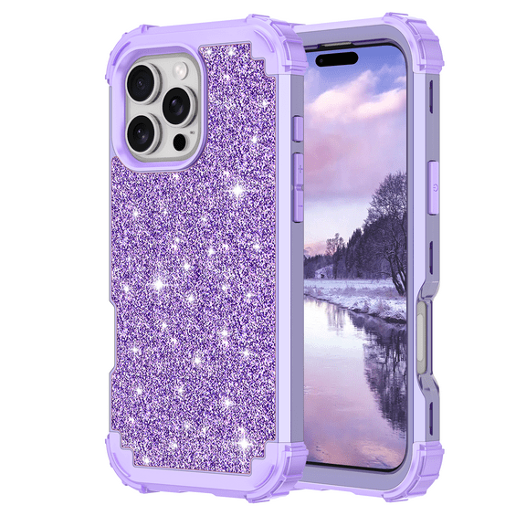Casetego Phone Case for iPhone 16 Pro Max Case,Glitter Bling Heavy Duty Hybrid Sturdy High Impact Shockproof Protective Cover,Shiny Purple