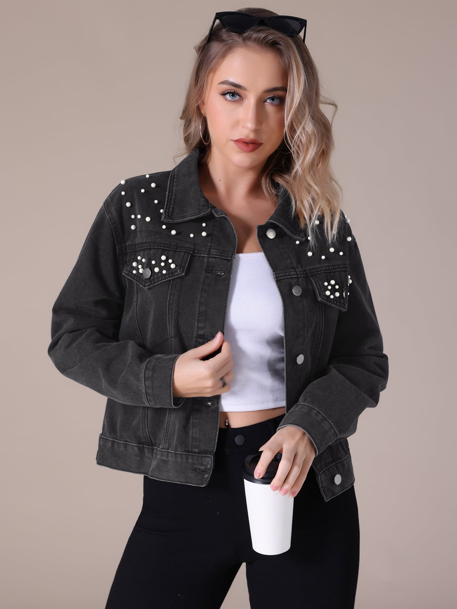 Unique Bargains Women's Jean Jacket Long Sleeve Button Up Denim Jackets L Black