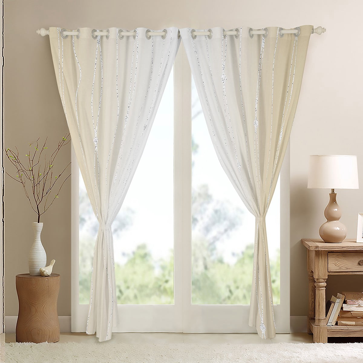 Erosebridal Beige and Greyish White Curtains & Drapes Gradient Ombre Blackout Curtains, Wave Lines Dots Curtains Aesthetic Geometry Black Out Curtains Modern Abstract Window Drapes Room Decor