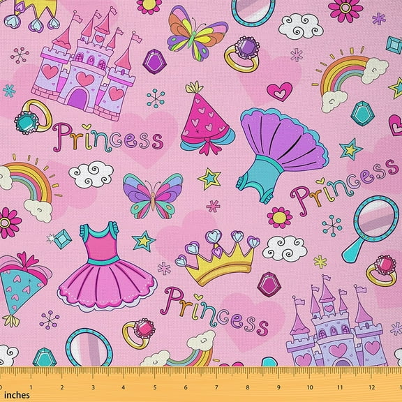 Homewish Cute Princess Dress Fabric by the Yard 1 Yard,Fairy Tale Castle Home Decor Fabric by the Yard,Cartoon Rainbow Crown Sewing Fabric For Girls Kids,Luxury Bedroom Decor