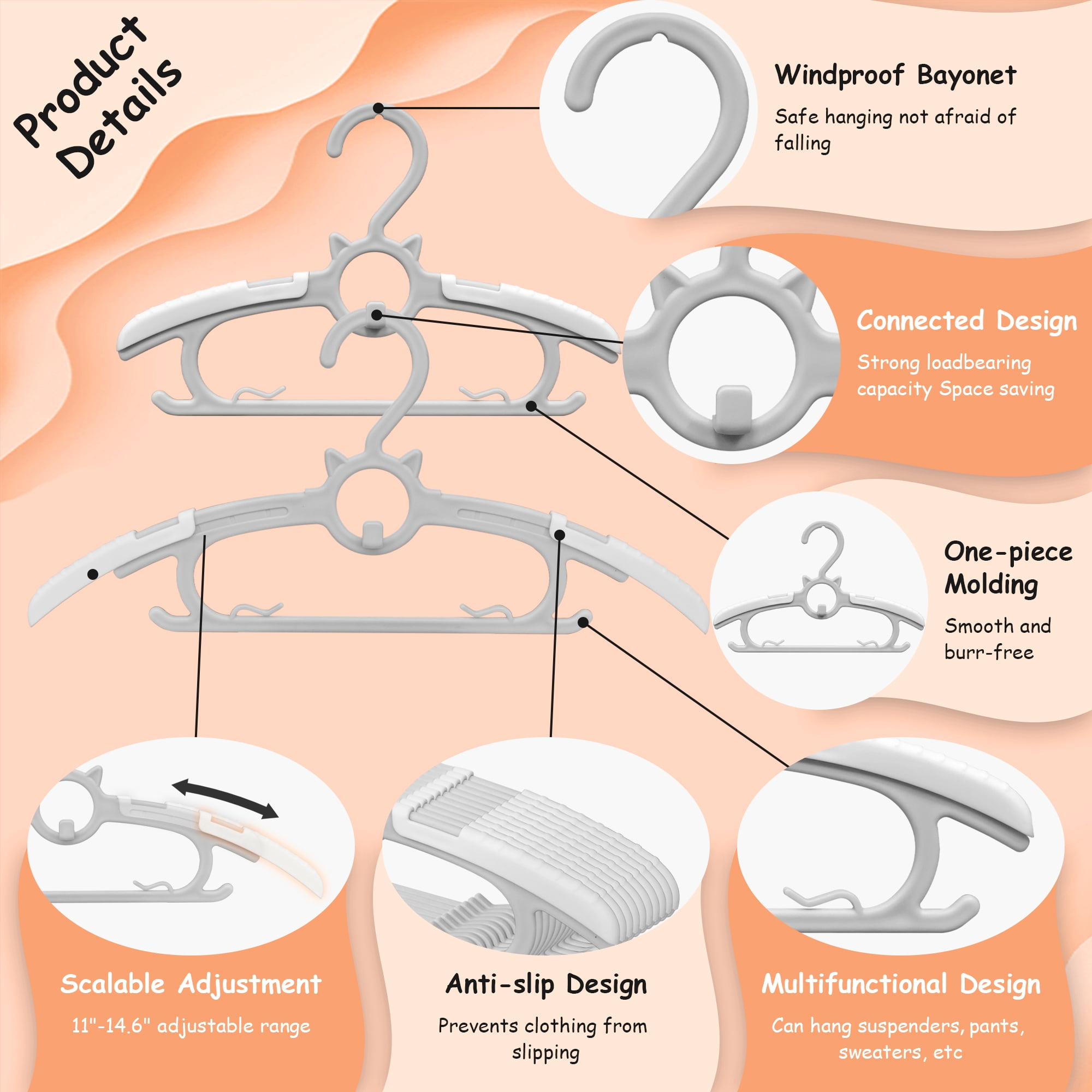 Funamily Baby Nursery Closet Hangers 40pcs, 11"-14.6" Extendable Newborn Kids Coat Clothes (Grey)