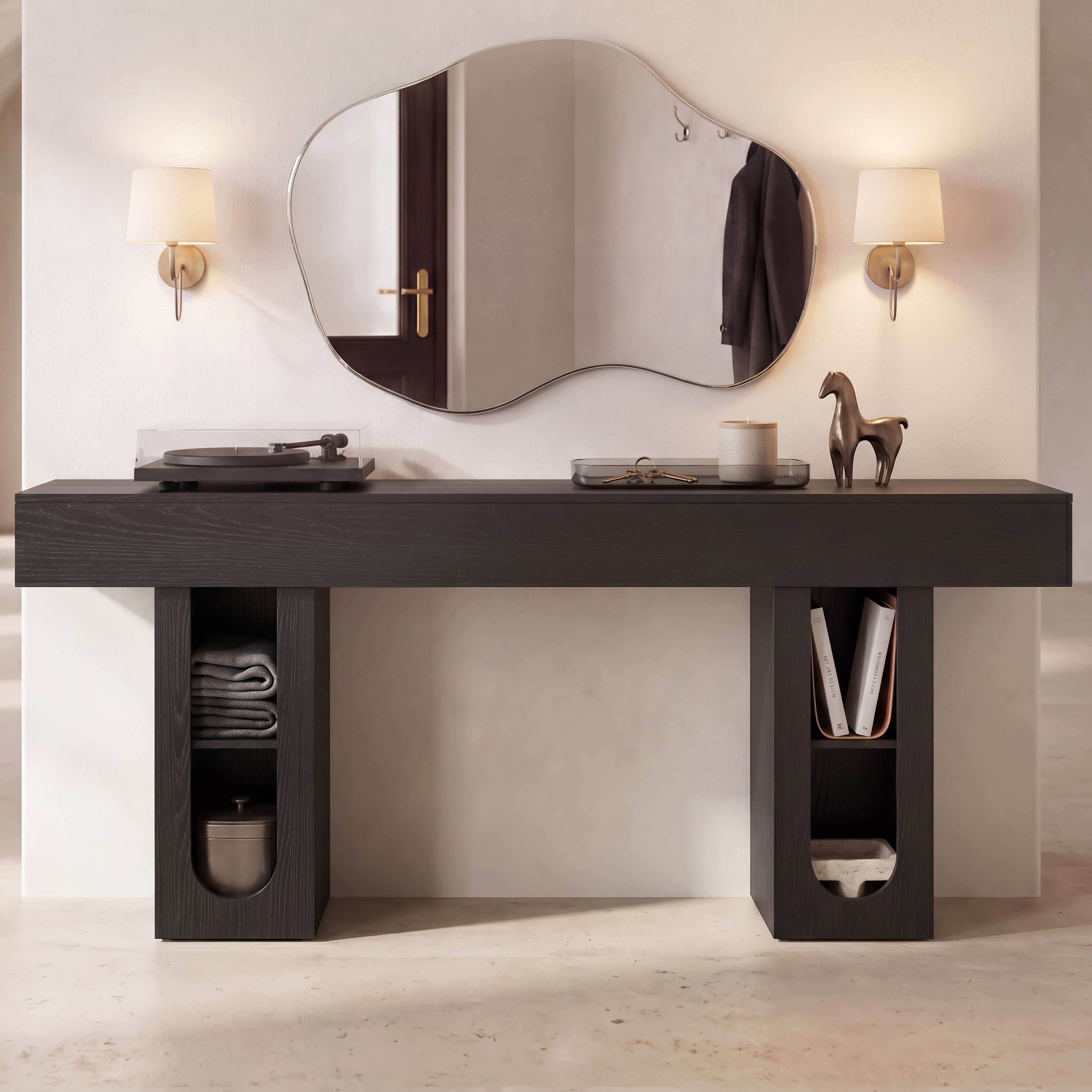 Mintazer 63" Modern U-Shaped Console Table with Charge Station, Entryway Table with Storage Shelves, Sofa Table for Entryway Hallway Living Room, Black