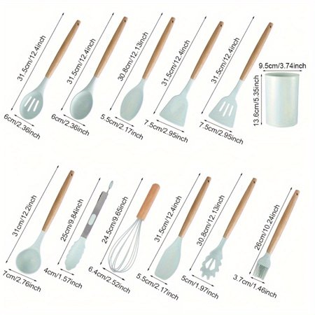12pcs/set Silicone Utensil Set Safety Cooking Utensils Set Non-Stick Kitchen Cooking Turner Slotted Spatula Cooking Soup Spoon Colander Spoon Whisk Pasta Spoon Tongs Oil Brush