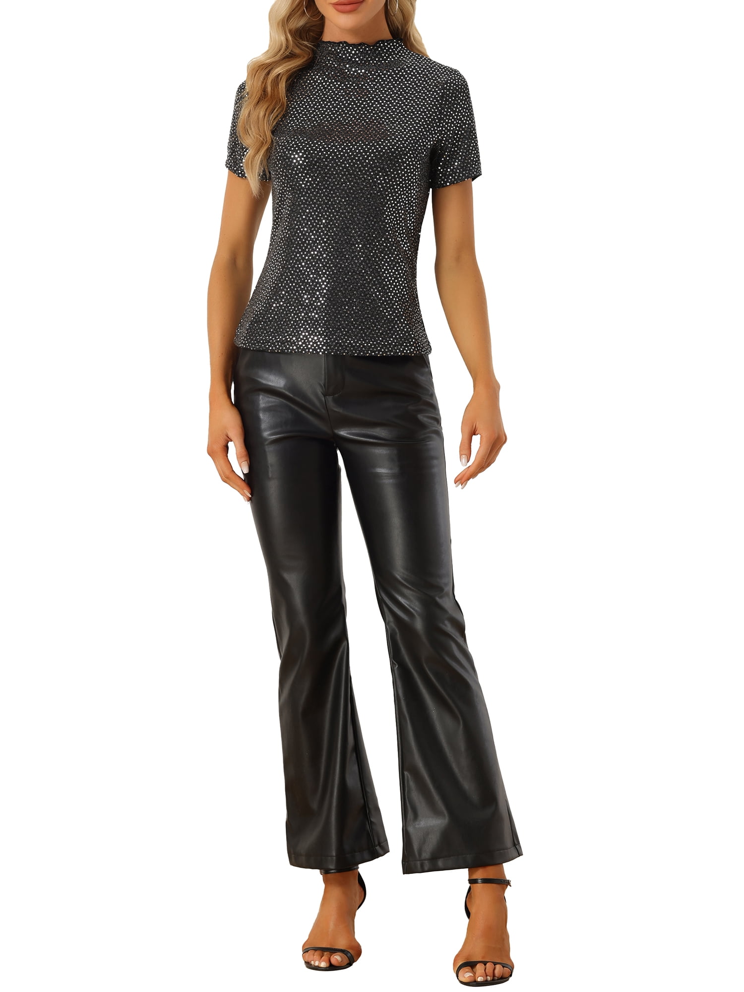 Unique Bargains Women's Sequin Top Short Sleeve Mock Neck Sparkly Party Blouse Silver S