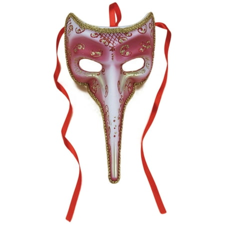 Masquerade Venetian Long Nose Half Mask, Rose Red w Gold Accents, 9