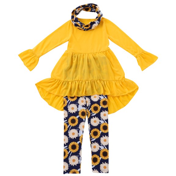 Odeerbi Toddler Girls 3 Piece Outfits Ruffle Dress Shirt Floral Pants Set Spring Fall Clothes Fashion Casual Round Neck Collar Long Sleeve Tops Printed Long Pants Sets White