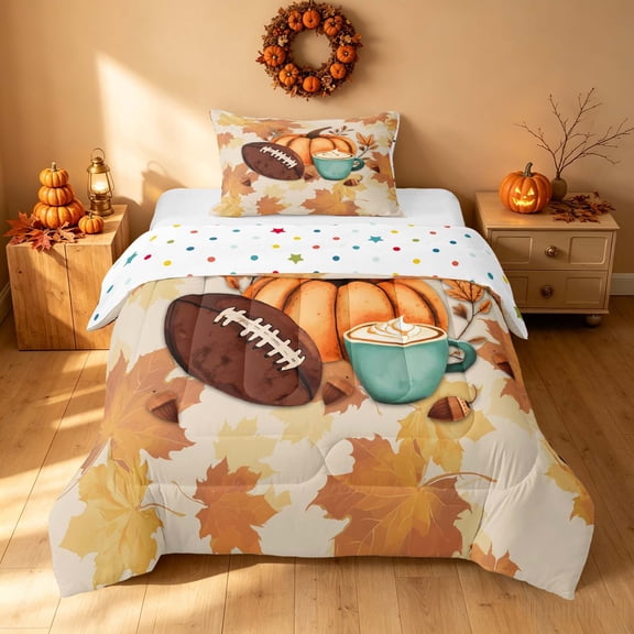 Homewish Thanksgiving Pumpkin Twin Comforter Sets, Botanical Leaves Bedding Set, Beige Teal Brown Orange, Polka Dots Reversible, 2-Piece 1 Comforter and 1 Pillowcase