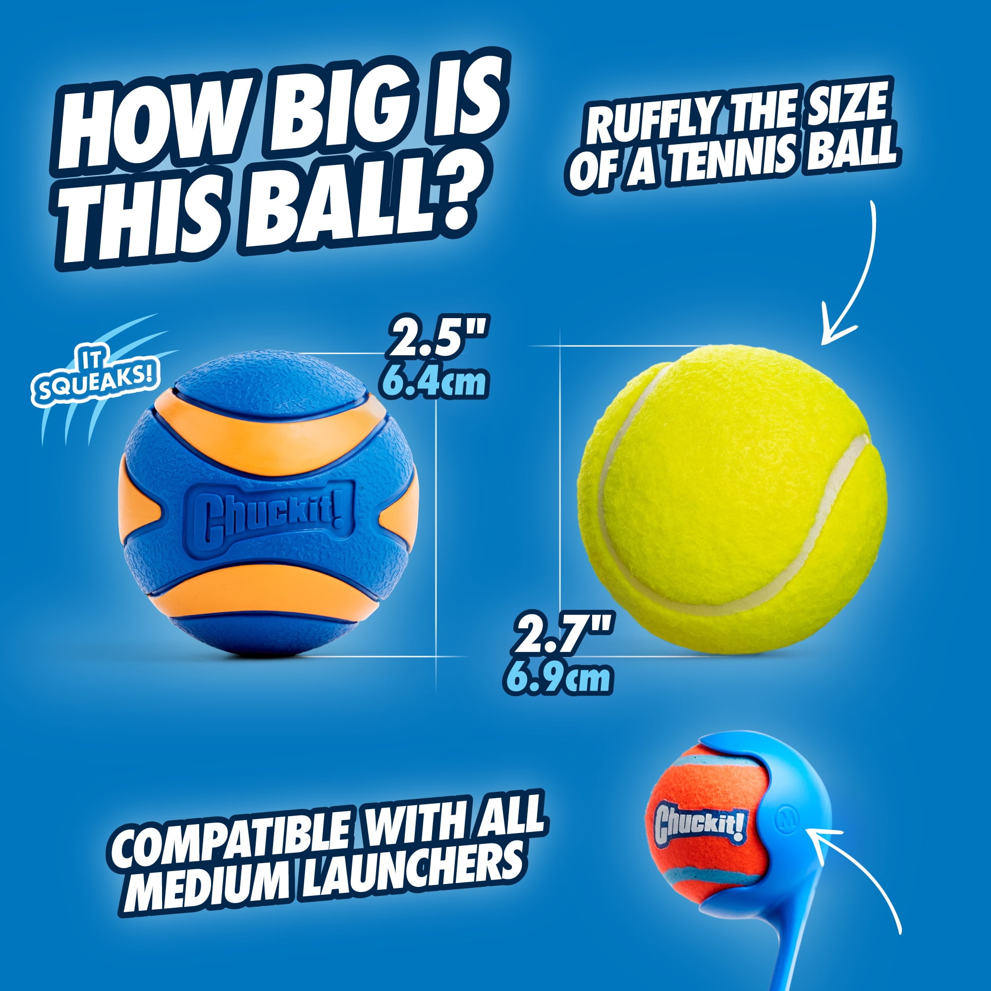 Chuckit! Sonic Ultra Squeaker Ball & Super Crunch Ball Fetch Dog Toy, Medium 2.5" for Dogs 20 to 60 lb, Blue, Pack of 2