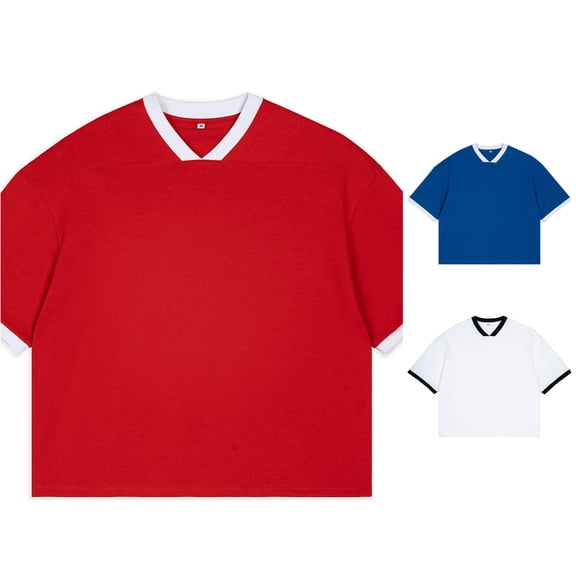 JAJAHO Short Sleeve T Shirt Men V Neck Color Block Tees Summer Loose Fit Drop Shoulder T-Shirts Casual Trendy Tops