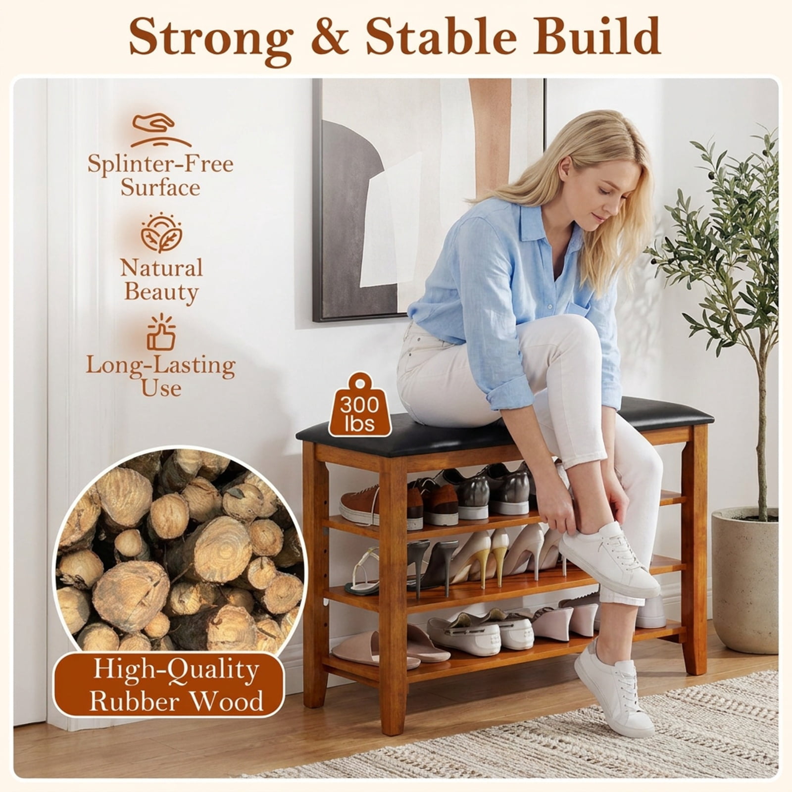 Furnibear 3 Tier Shoe Rack Bench with Adjustable Shelves and Soft Cushion for Entryway Living Room and Hallway Shoe Storage, Brown