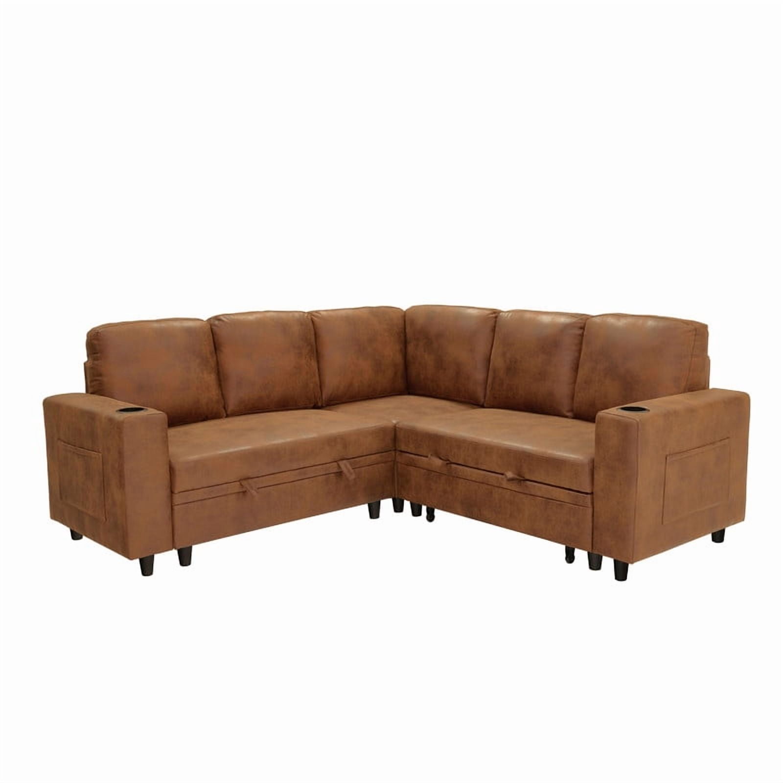 L-Shape Sectional Sofa with Pull-Out Sleeper Bed, Storage Chaise, Cup Holders & Side Pockets, Convertible Corner Sofa Couch for Living Room, Apartment & Guest Room