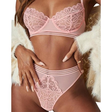 

SHerrylily Women Eyelash Lace Sheer Mesh Spaghetti Strap Bra Panties Set